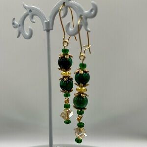Green Tiger’s Eye Quartz & Crystals 18K Gold Dangle Beaded Earrings